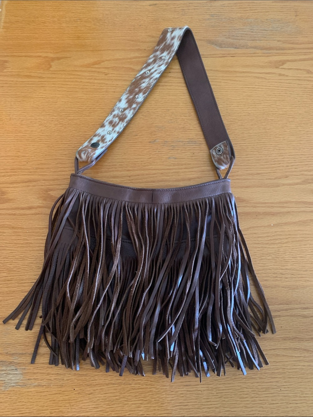 Fringed Brown Leather Shoulder Bag with Patterned Strap